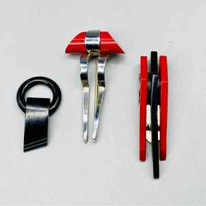 Bakelite Art Deco Dress Clips in Red & Black set of 3